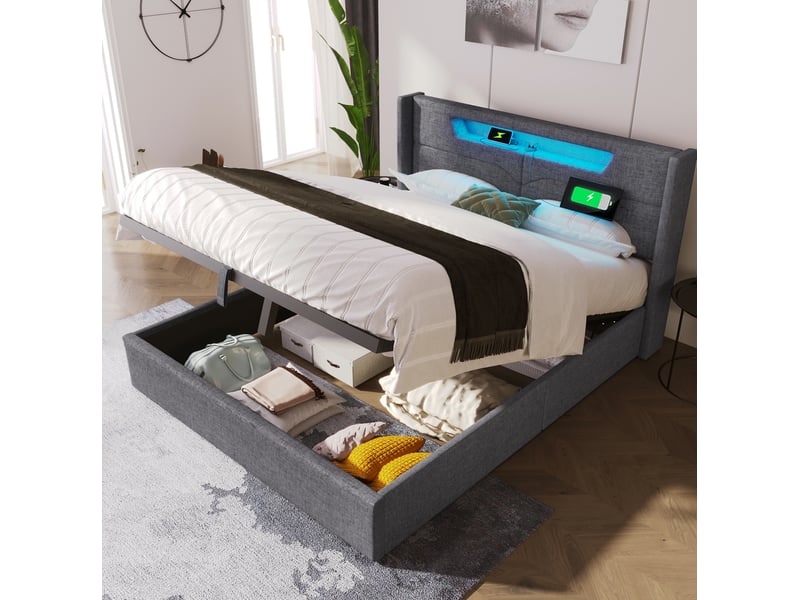  Lit double 160x200 cm avec éclairage led, ports usb et type-c, rangement, gris, avec matelas  - Conforama D