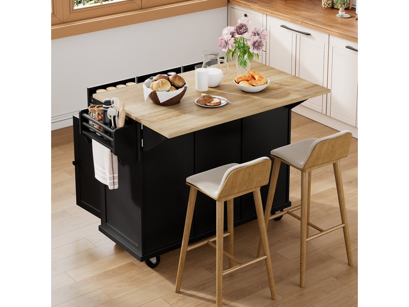Îlot de cuisine sur roulettes noir avec plan de travail extensible et compartiment poubelle, desserte de cuisine mobile - Conforama C