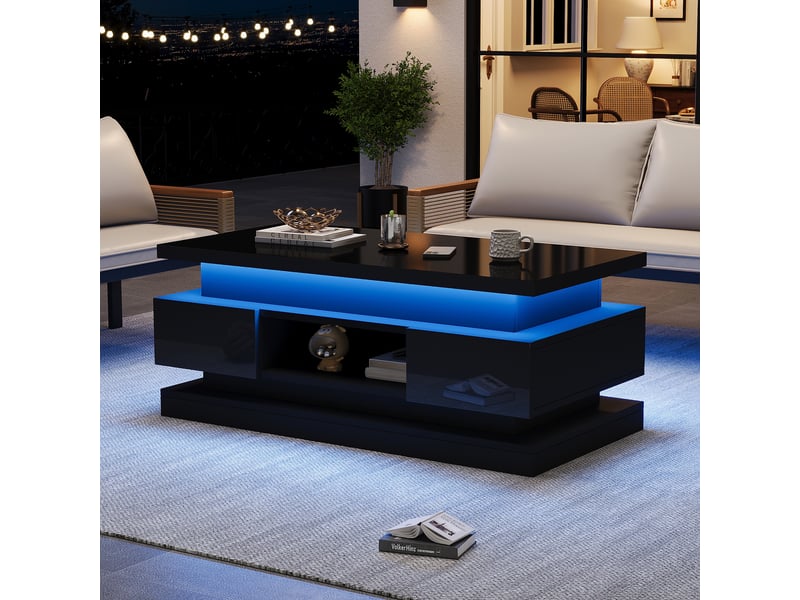 Table basse relevable noire avec led et 2 tiroirs - rangement caché 100x50x40 cm - Conforama W