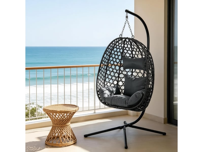  Fauteuil suspendu en rotin avec hauteur réglable, rotation à 360 degrés, coussins et support en métal gris foncé  - Conforama C