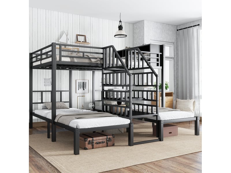  Lit superposé 3 couchages en métal 90x200 et 140x200 cm avec rangement noir  - Conforama D