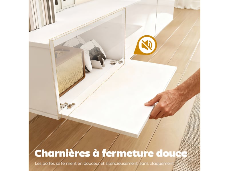  Meuble tv suspendu 180 cm, blanc, meuble télé pour téléviseur jusqu'à 82 pouces 3 portes rabattables à fermeture douce  - Conforama W