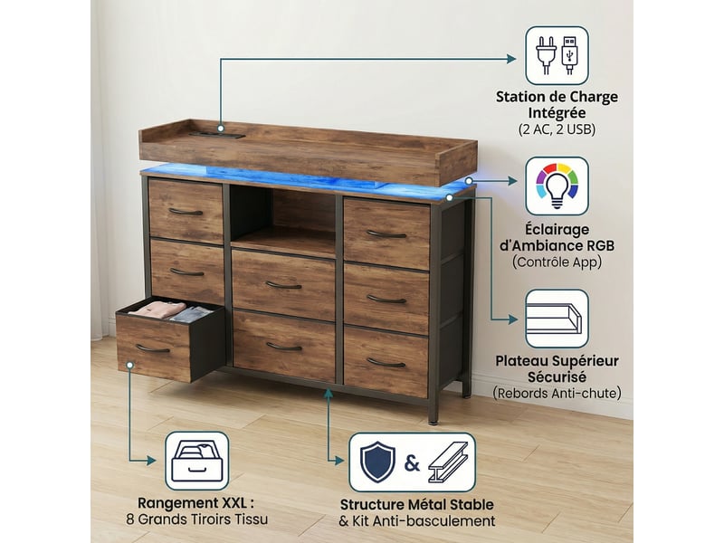  Commode chambre, 8 tiroirs, led rgb et station de charge, meuble de rangement 108x30x82 cm, métal et tissu, style industriel moderne, couleur noyer  - Conforama C