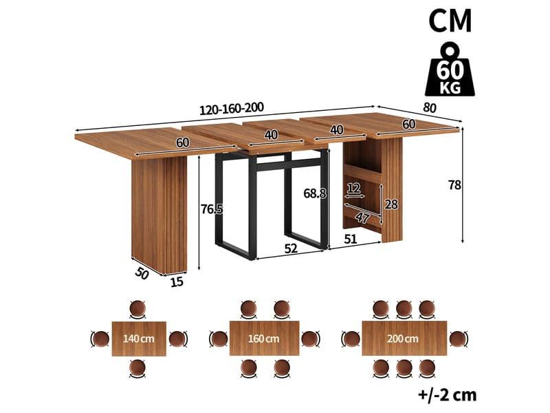 Table à manger extensible avec rangement intégré, rallonge 3 positions, pieds métal, décor bois, brun foncé evarich - Conforama C