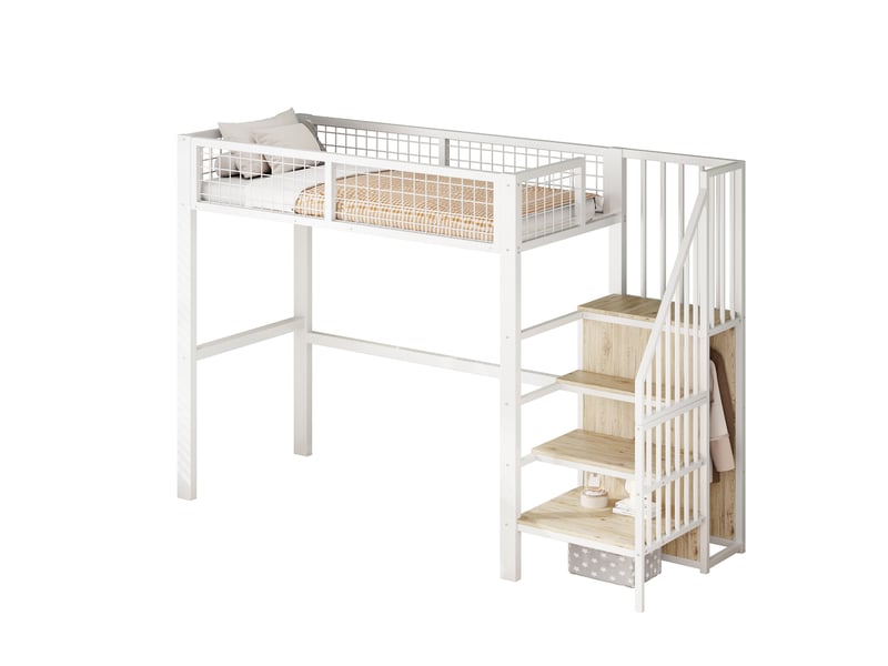  Lit mezzanine 90x200 cm avec escalier, armoire ouverte et barrière de sécurité, en métal blanc, sans matelas  - Conforama A