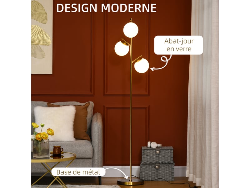  Lampadaire doré 3 globes en verre opalin, style art déco, 169 cm pour salon chambre bureau et entrée  - Conforama D