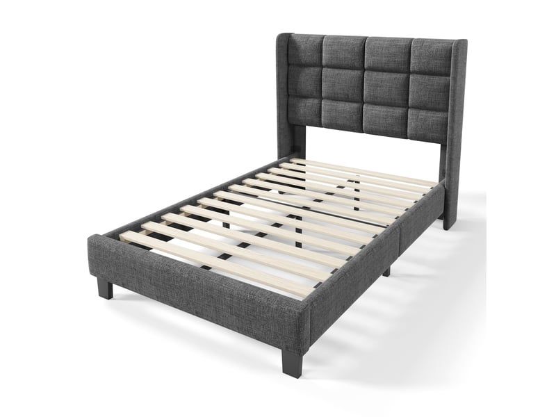  Lit simple 90x200 cm avec sommier à lattes, lit adulte avec tête de lit rembourrée, design moderne, lin, gris  - Conforama W