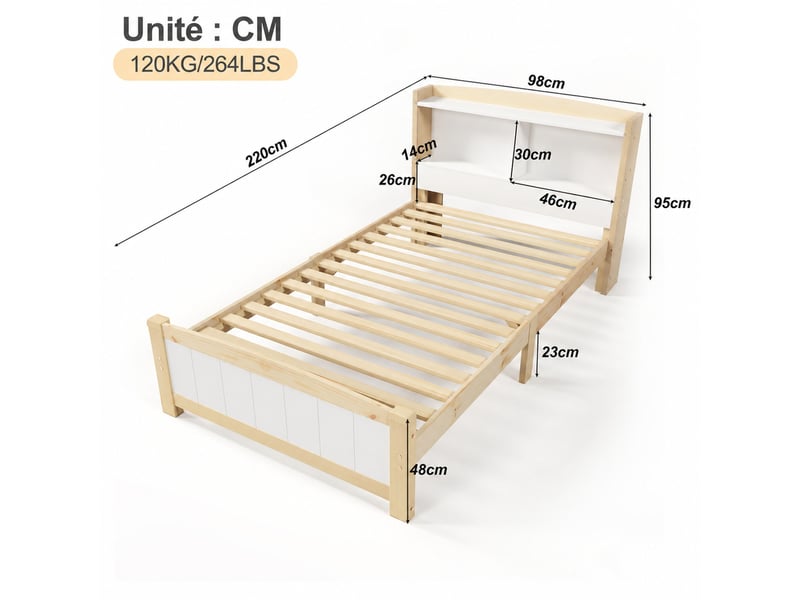  Lit simple 90x200 cm en bois massif avec tête de lit à rangements et matelas à ressorts inclus, blanc  - Conforama D