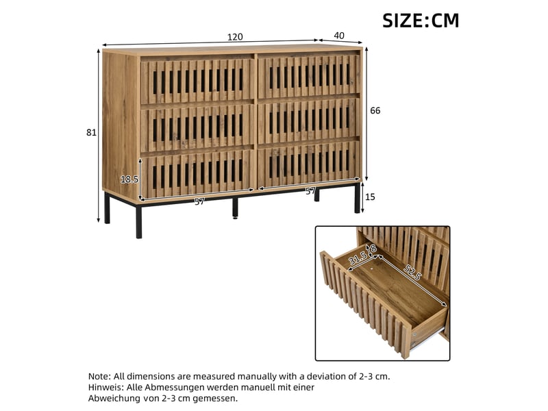 Buffet bas 6 tiroirs couleur bois clair 120 x 40 x 81 cm - Conforama E