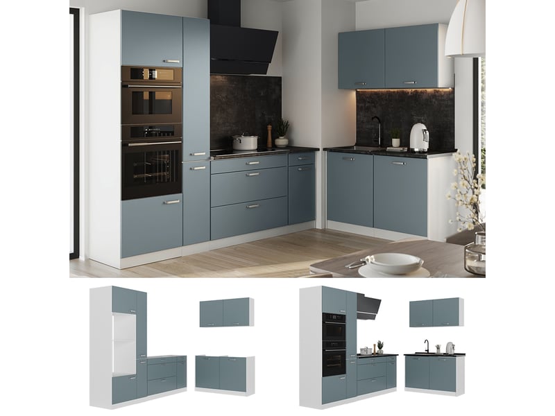 Vicco cuisine en angle, bleu-grisblanc, 230 x 120 cm plan de travail anthracite - Conforama D