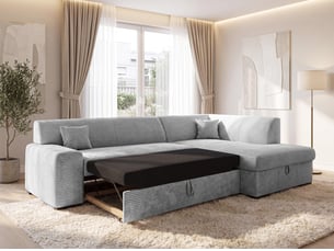 Canapé d'angle droit convertible <strong>AX LIVING </strong> <strong>Lucera</strong> 4 places Velours côtelé gris avec coffre de rangement