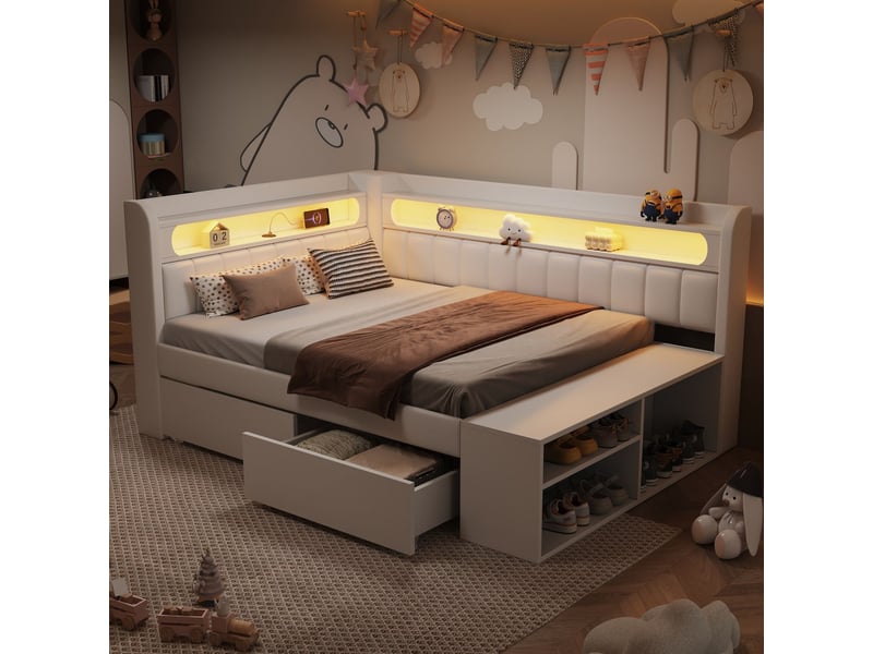  Lit 90x200 cm, canapé lit rembourré blanc, port usb, bande led, meuble à chaussures, deux tiroirs  - Conforama A