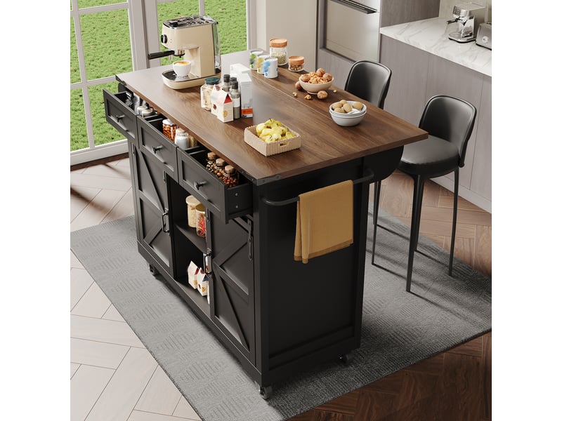  Îlot de cuisine noir avec plateau extensible, chariot sur roulettes avec 2 portes coulissantes et 3 tiroirs, meuble de rangement, 140cm.  - Conforama D
