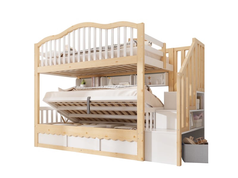 Lit superposé enfant 90x200 cm avec escalier, rangements et coffre Fay Lum - Conforama A