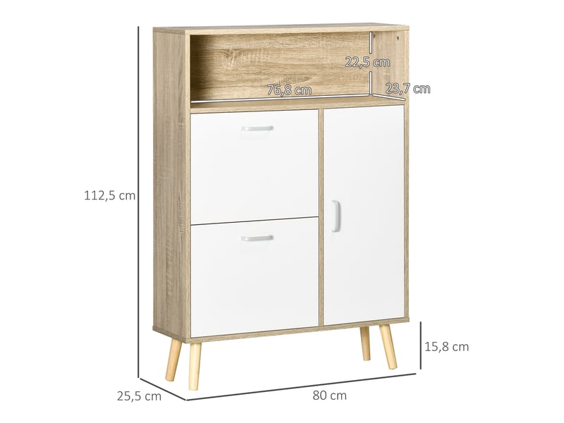  Meuble à chaussures pour 8 paires avec 2 tiroirs abattants, penderie et étagère, 80 x 25,5 x 112,5 cm, naturel et blanc  - Conforama D