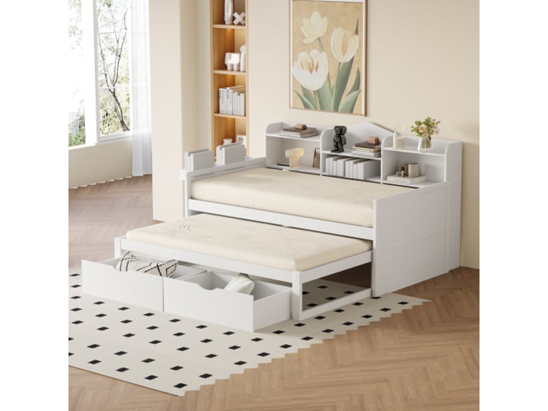  Lit gigogne 90x200 cm, avec 2 tiroirs, avec tête de lit et prise usb, en bois, blanc, sans matelas  - Conforama B