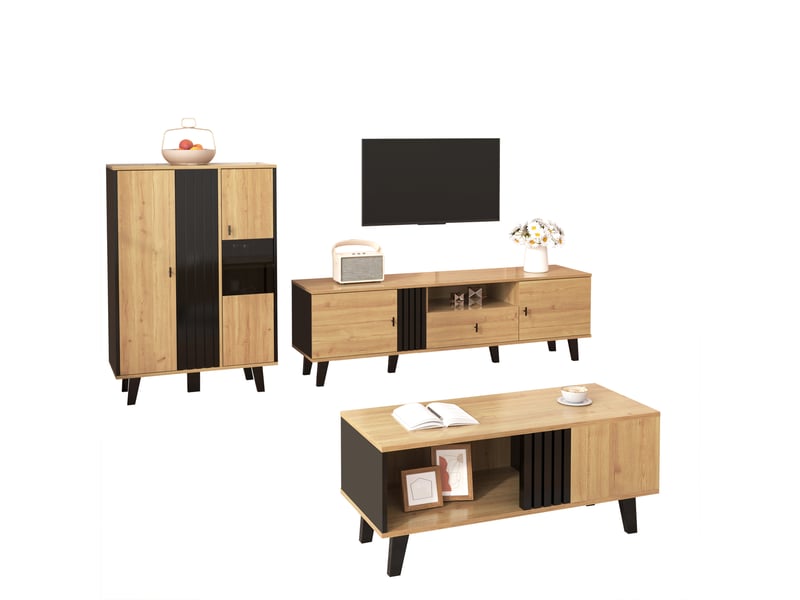  Meuble tv 170 cm avec tiroirs et portes, rangement spacieux, bois et noir, panneaux de particules  - Conforama D