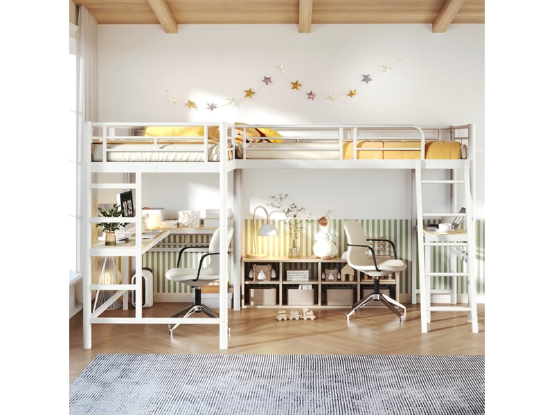 Lit mezzanine blanc 90 × 200 cm, bureau sous le lit, double escalier et garde-corps haut - Conforama B