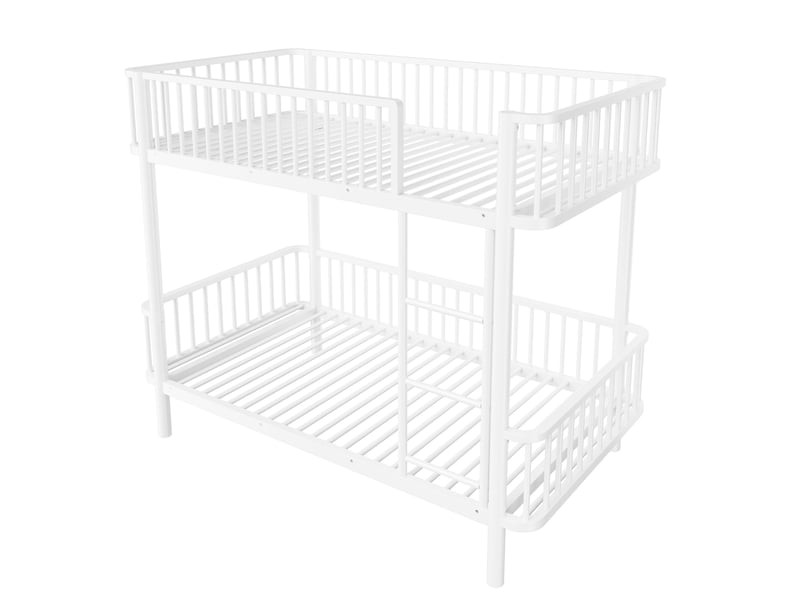  Lit superposé enfant 90x200 cm blanc en métal avec angles arrondis, barrières et pieds surélevés Fay Lum - Conforama E
