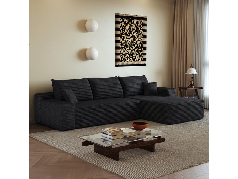  Canapé d’angle modulaire 3 places avec chaise longue en tissu côtelé noir - 270 cm  - Conforama B