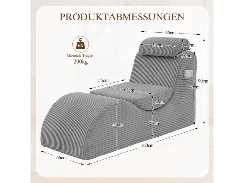  Fauteuil de relaxation individuel ergonomique 160x66x90cm – avec coussin de tête réglable et poche latérale – velours côtelé - gris  - Conforama C