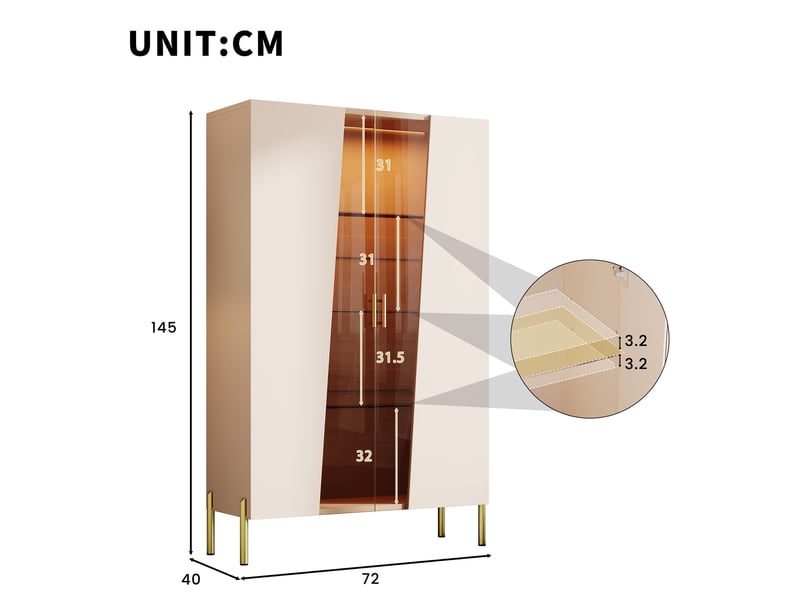  Vitrine beige 72x40x145 cm avec porte en verre trempé asymétrique, éclairage led, 3 étagères en verre réglables, meuble rangement salon  - Conforama D