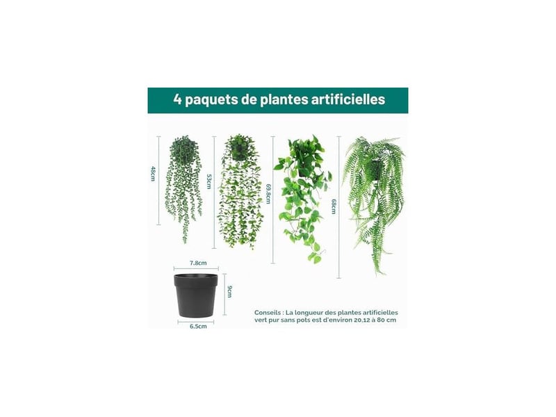  Pièces plante artificielle en suspension, plantes artificielles comme vraies, plantes artificielles en pot pour décoration intérieure et extérieure, plantes artificielles pour jardin  - Conforama B