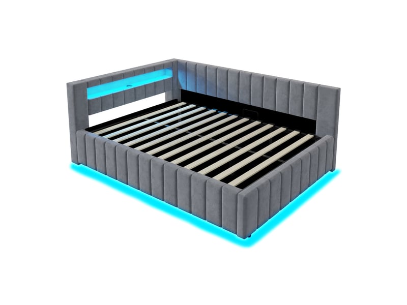  Lit capitonné 140x200 cm gris en velours, led, usb, dossier et coffre hydraulique  - Conforama A