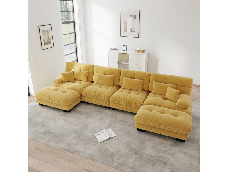 Canapé modulable 4 places en chenille jaune avec poufs mobiles - Conforama C