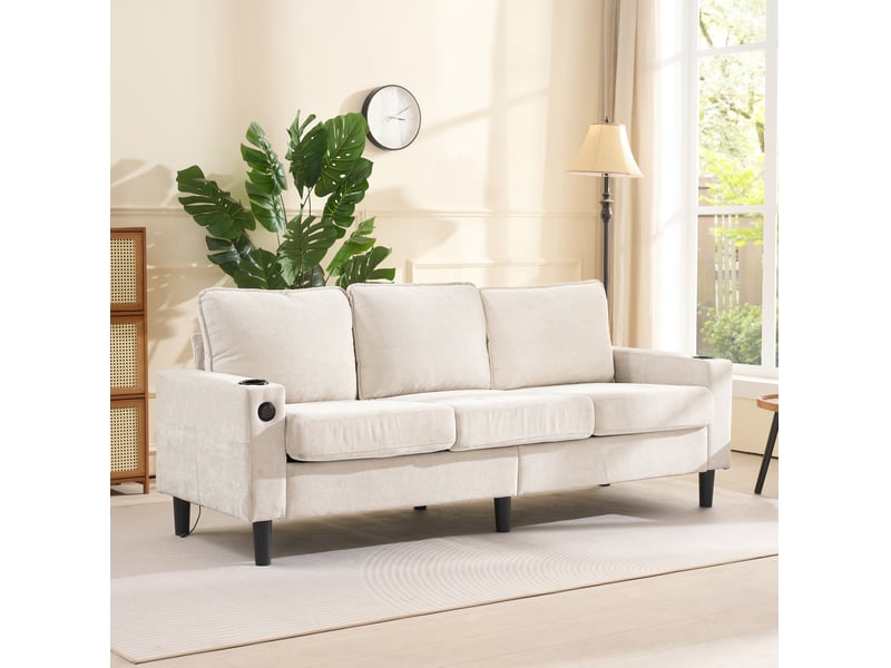  Canapé d'angle 3 places, en lin beige avec pouf modulable, ports usb et porte-gobelets intégrés pour salon et appartement moderne  - Conforama E