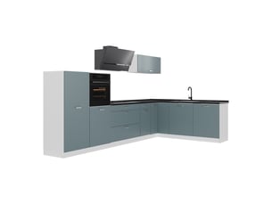 Vicco cuisine en angle, bleu-grisblanc, 347 x cm plan de travail anthracite