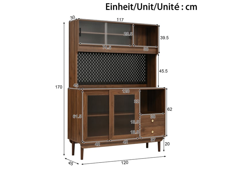  Buffet de cuisine avec 4 portes coulissantes en verre strié, 2 tiroirs, panneau perforé, en noyer, 117 × 30 × 170 cm  - Conforama D