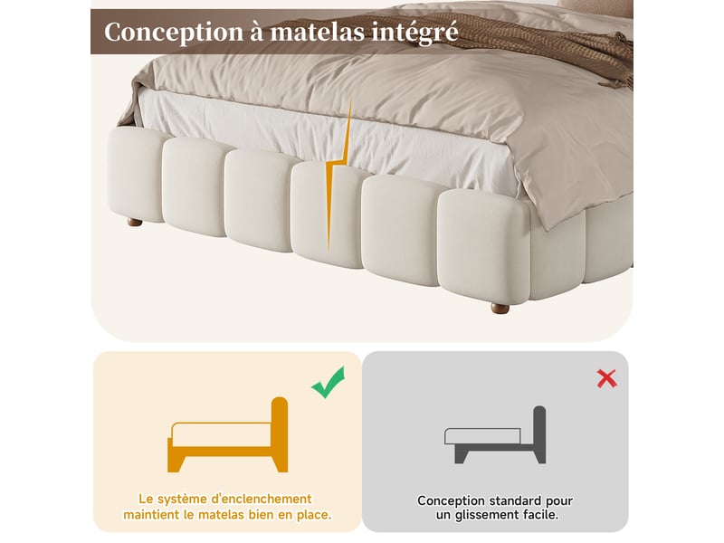  Lit double coffre capitonné 140x190 cm - avec tête de lit et coffre de rangement - tissu velours - beige (sans matelas )  - Conforama E