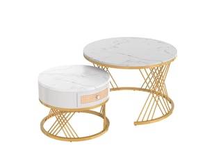 Tables basses 70x70x45,5 et 50x50x38,5 cm gigognes, tiroir aspect rotin, mdf décor marbre et métal, blanc et doré