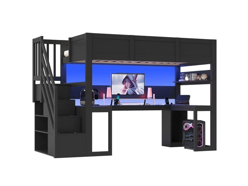  Lit mezzanine 90x200 cm avec bureau, escalier avec rangement, éclairage led et port usb, design inspiré du jeu vidéo, mdf noir, sans matelas  - Conforama A