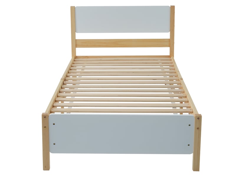  Lit simple en bois - 90x200 cm - blanc + naturel - cadre en pin - tête et pied de lit en mdf - 15 lattes 207x97x82cm - Conforama D
