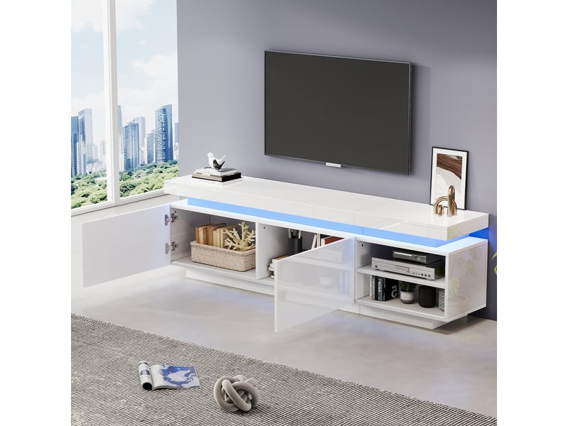  Meuble tv bas laqué brillant rayofi 170 cm avec éclairage led, support tv jusqu'à 70 pouces, 2 portes, 2 étagères ouvertes, blanc  - Conforama D