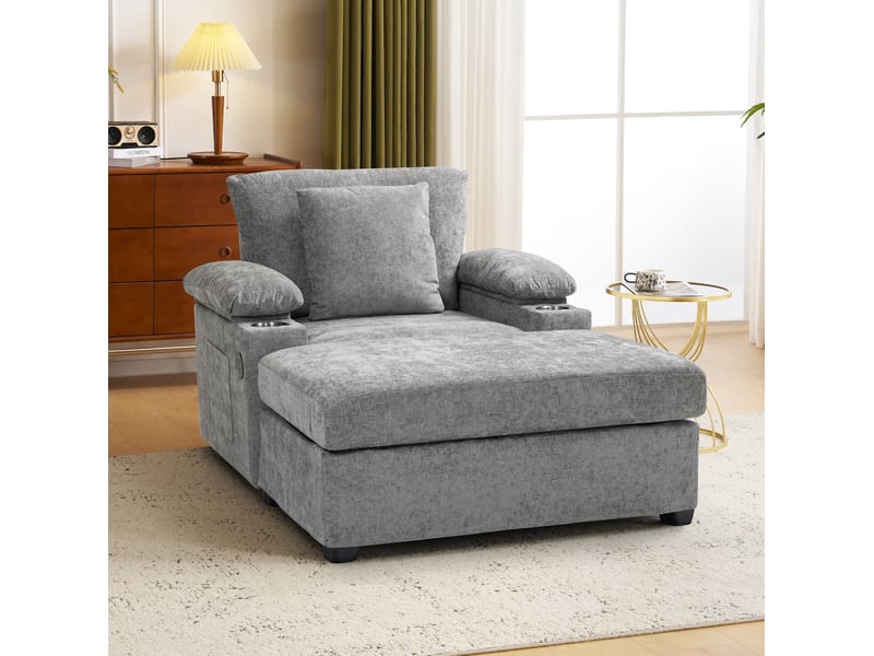  Fauteuil convertible modenvie en tissu chenille gris avec repose-pieds pivotant à 90°, porte-gobelet, rangements et fonction usb, 98 x 148 x 83 cm  - Conforama E