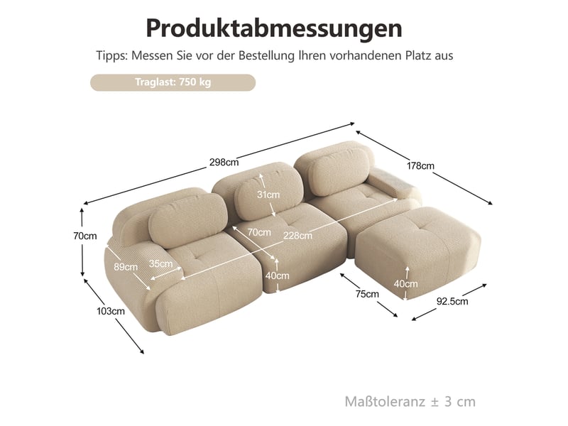  Canapé d'angle modulaire ulevr 3 places sans montage, méridienne, velours côtelé beige, 298 x 178 x 70 cm  - Conforama C