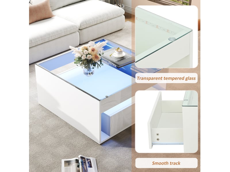  Table basse avec 2 tiroirs, niche ouverte et led, pour salon, 70 × 70 × 35 cm, en mdf et verre trempé, blanc  - Conforama E