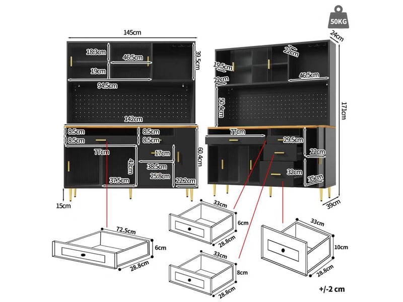  Buffet de cuisine 5 portes 4 tiroirs - 145 cm noir led mdf buffet de cuisine noir - Conforama C