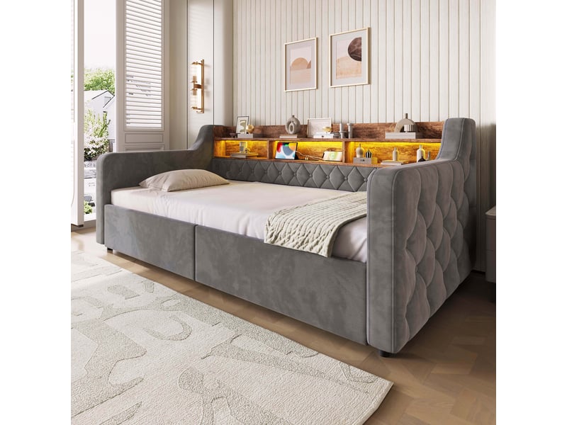  Lit simple rembourré avec rangement 90x190 cm, 2 tiroirs, tête de lit avec étagères, led 16 couleurs, usb et usb-c, velours gris foncé Radiant Stride - Conforama D