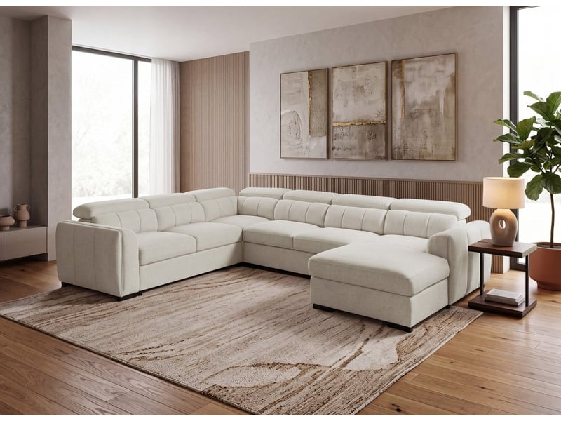 Canapé panoramique convertible avec coffre en tissu bouclette beige najah - angle droit KF8047-2A2M-BEI - Conforama B