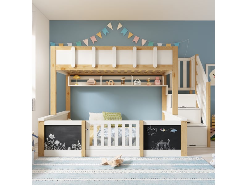  Lit superposé enfant 3 places 90 × 200 cm et 140 × 200 cm, escalier de rangement et tableaux, sans matelas  - Conforama B