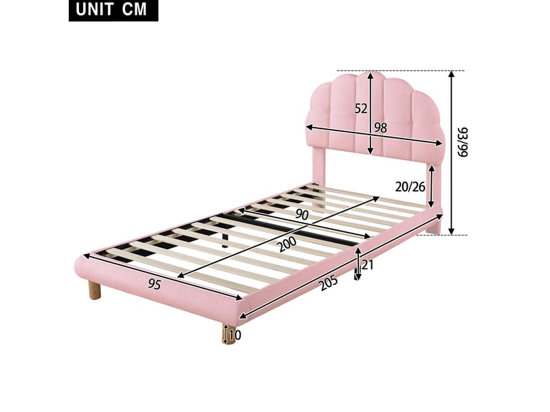  Lit simple rembourré 90x200 cm en tissu bouclé rose avec sommier à lattes  - Conforama E
