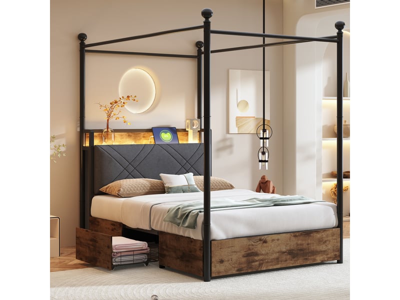  Lit baldaquin 90x190 cm métal noir avec tiroirs, led et usb-c – rangement intégré  - Conforama B