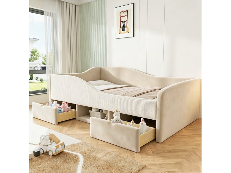  Lit enfant rembourré modenvie 90 x 190 cm avec rangements en velours beige  - Conforama B
