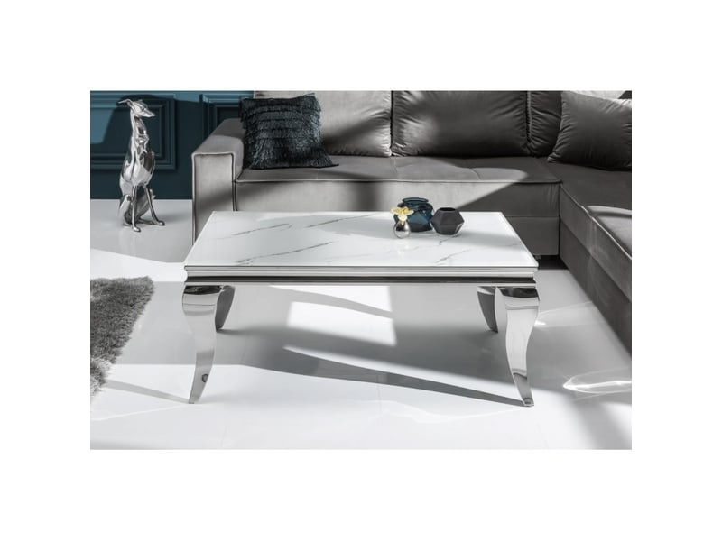  Table basse velena 100 cm effet marbre blanc avec verre trempé – pieds galbés argentés  - Conforama E