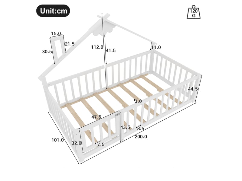  Lit cabane enfant 90x190 cm avec barrière de sécurité bois blanc sans matelas  - Conforama E