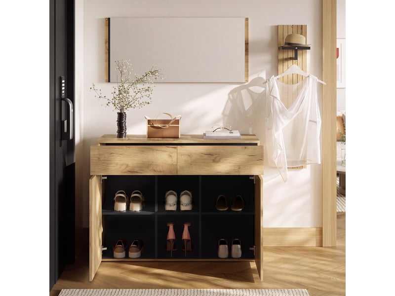  Ensemble vestiaire d'entrée 125x35x178cm - avec miroir et meuble à chaussures - avec cintre - naturel + noir  - Conforama D